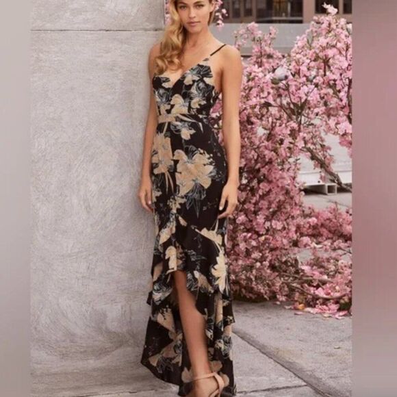 Lulus Darling Daylily Black Floral Print High-Low Maxi Dress - Picture 1 of 6